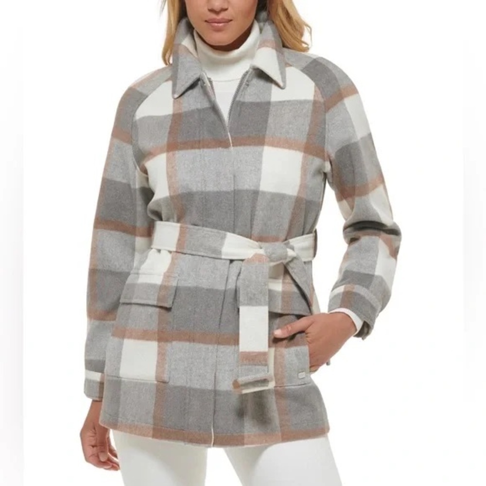 🔆 Calvin Klein Plaid Gray and Cream Trench Coat with Belt - Medium NWOT
